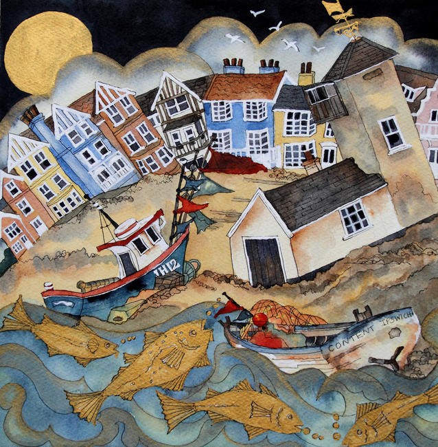 the dancing fish came to shore to see boats stranded as folk slept, Aldeburgh