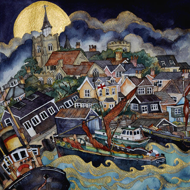 old timbers creak as moon rose high,golden light on rolling waves,Maldon Quay