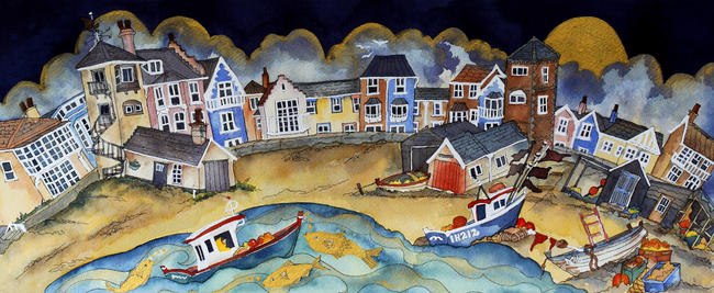 by lookout and old lifeboat he made for home, golden fish to show the way, Aldeburgh