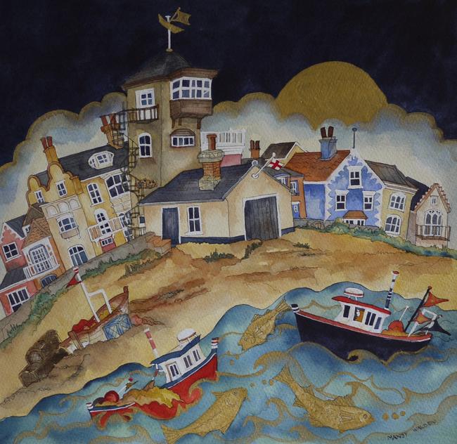 home to a tower standing proud as the gold fish leapt to dance another day, Aldeburgh”