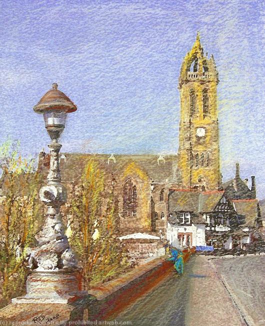 PEEBLES - View along bridge to Parish Church and Bridge Inn