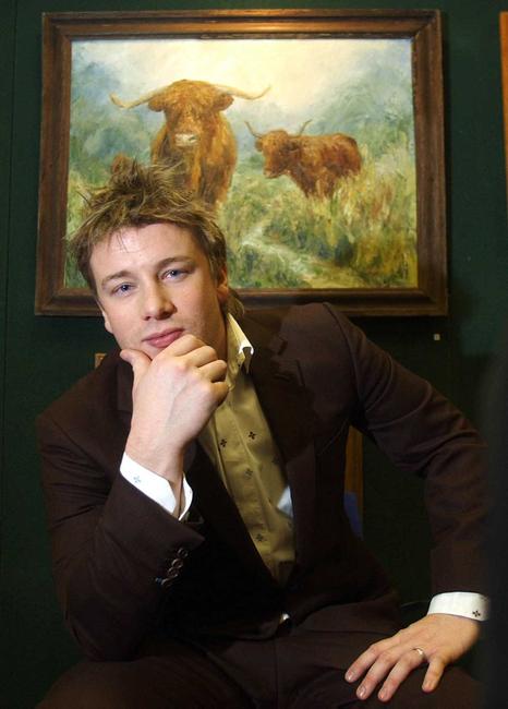 Jamie Oliver with his Highland Cattle painting purchase.