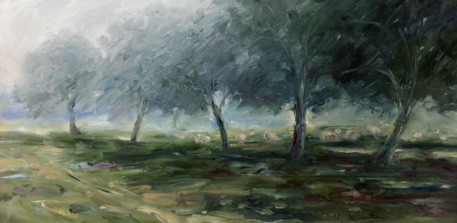 Sheep, orchard, mist