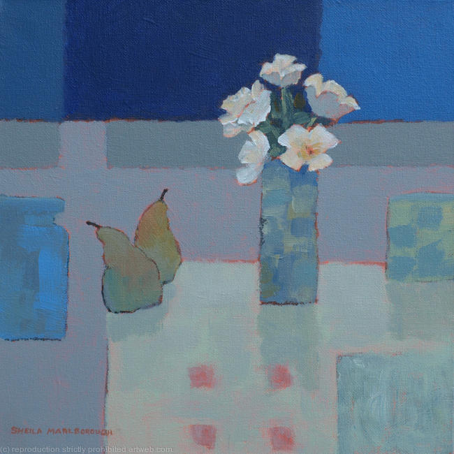 Two pears and white roses