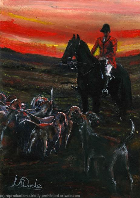 sunset hunt - In hand finished traditional dark hand painting and gilt highlighted frame