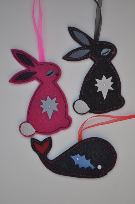Christmas Decorations - pack of 3, bunnies, whale
