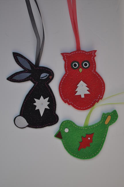 Christmas Decorations - pack of 3, owls, bunny, chirp