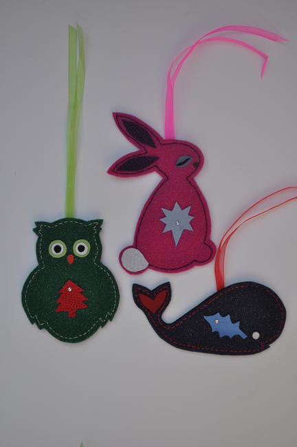 Christmas Decorations - pack of 3, owl, bunny, whale