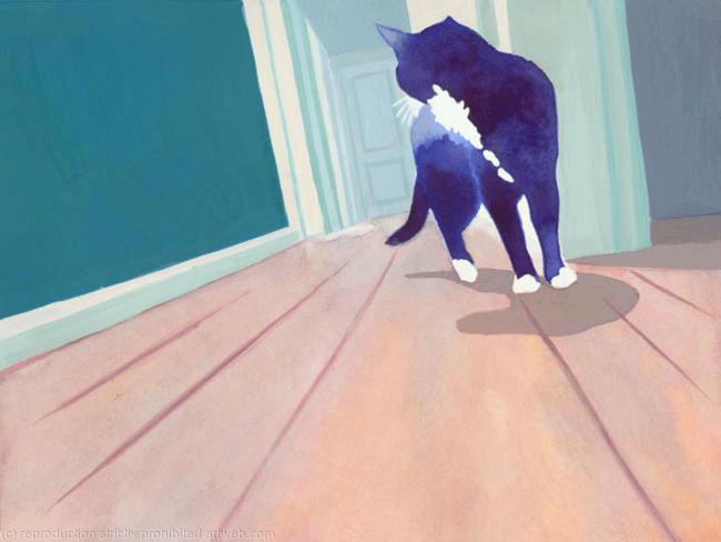This scent is strange, I sniff the air, And on the floor? A tuft of hair? But this is grey, And mine is black, Perhaps I'd better, Watch my back...