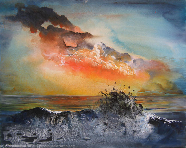 Wave breaking against a rock, sunset
