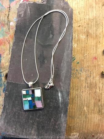 silver tone square pendant, medium sized