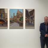 David with his exhibition paintings in the Sichuan Fine Arts Institute, China