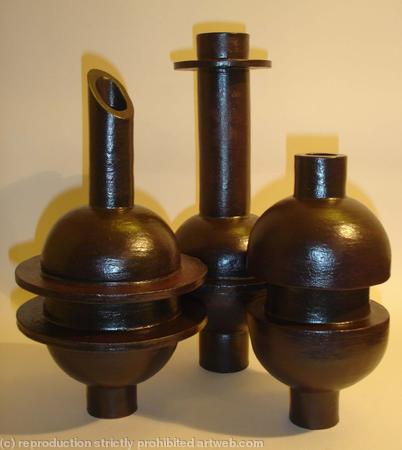 Group of black stoneware bottles