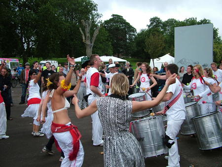 You cant have a party without Samba - Bristol Samba raise the viube with probably the first ever procession in a skatepark!
