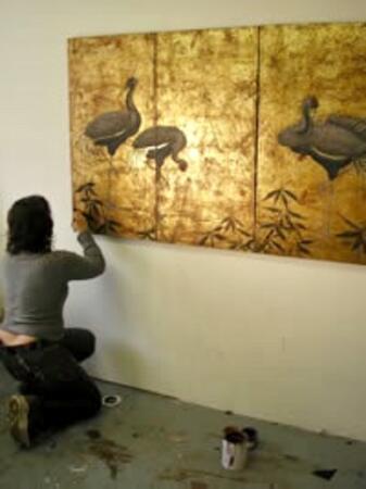 Cranes on gold triptych sold 