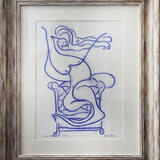 Blue Nude in Chair - Original Blue Pastel Sketch