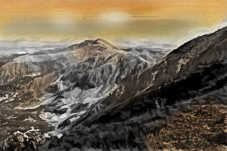 Hory s pomerančovou oblohou / Mountains with orange sky /