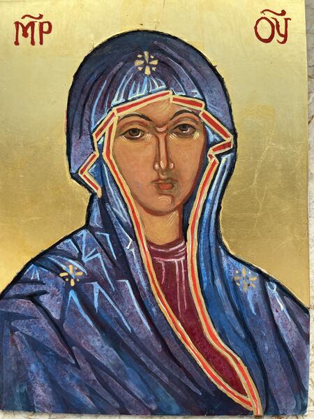 Theotokos in the style of Salus Romani Populist, egg tempera and gold leaf on clayboard, Oct 2025 Hong Kong