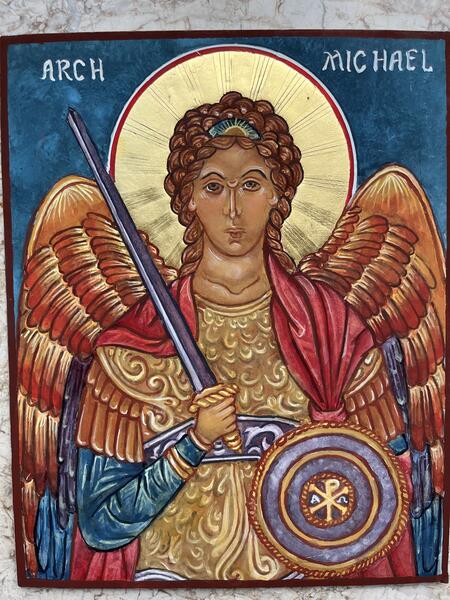 archangel Michael, Egg Tempera and  Gold Leaf on 1/8' clay board, Nov 2025 Hong Kong