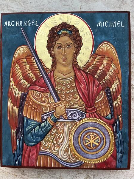 Archangel Michael, Egg Tempera Gold Leaf on 1' thick solid wood traditional icon board, Nov 2025, Hong Kong