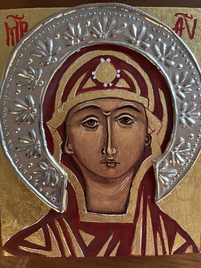 Theotokos, Acrylic, gold leaf and pewter on gesso birch plywood board, 2017 Houston