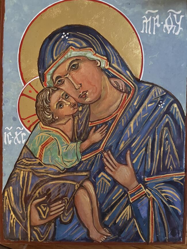 Theotokos Episkepsis, egg tempera and gold leaf of clayboard, May 2025 Greece