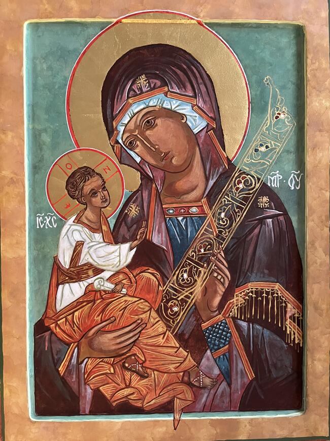Theotokos Hodegetria, Egg tempera and gold leaf on 1 inch thick solid wood traditional icon board, Houston July 2025