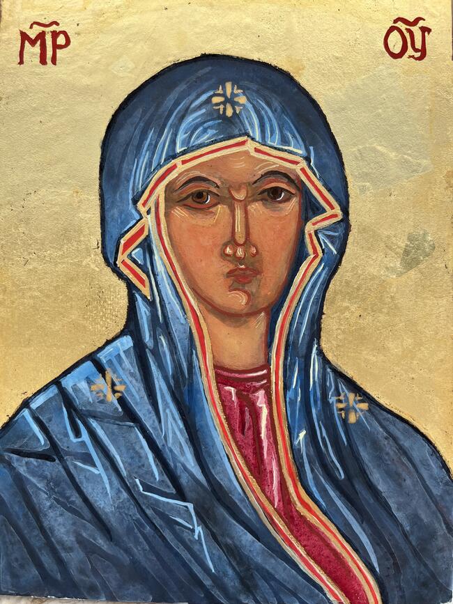 Theotokos in the style of Salus Romani Populist, egg tempera and gold leaf on clayboard, Oct 2025 Hong Kong