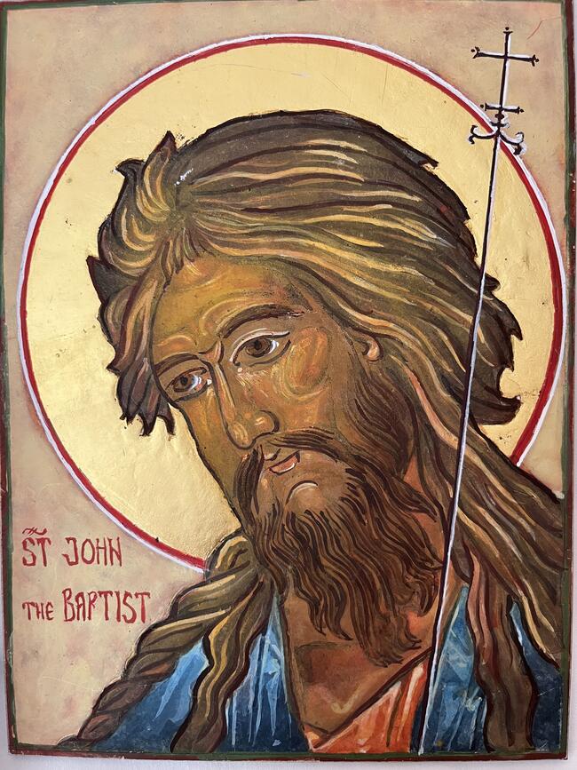 St John the Baptist, on 5x7 inch clayboard, halo in 24 K Gold, Painted in Hong Kong in January 2026