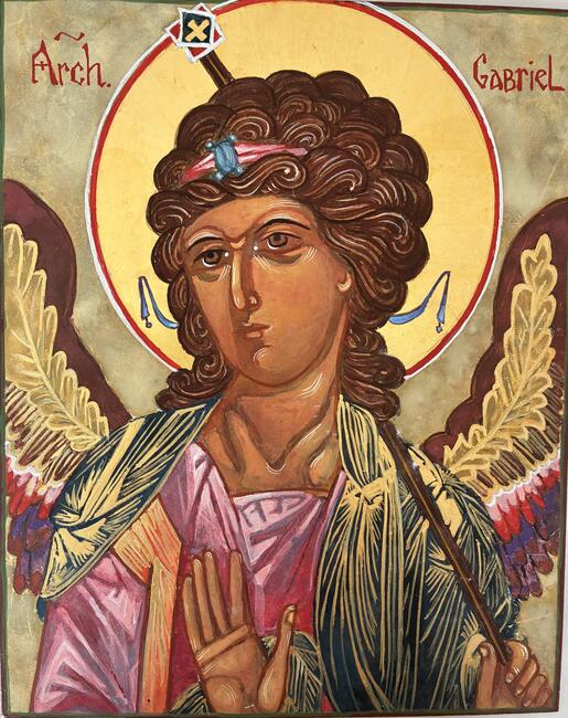 Archangel Gabriel on 8x10 clayboard, Halo is 24 K gold, completed in Hong Kong in December 2025