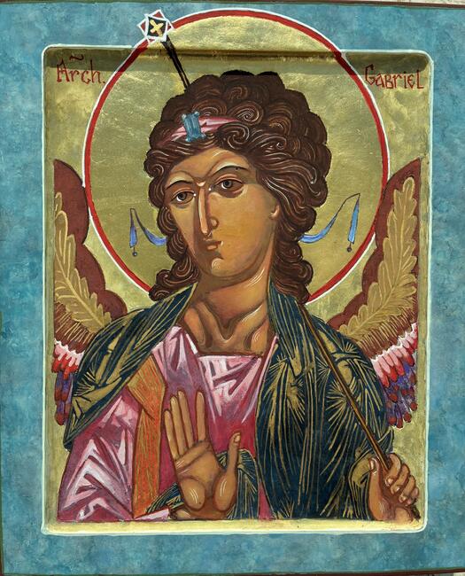 Archangel Gabriel on 1 inch thick 10 x 12 inch icon board,Halo is done in 24 K gold, Wings and garments are decorated with 24K gold assist. Completed in Hong Kong in December 2025