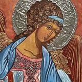 Archangel Michael, Egg Tempera Pewter on 3/4' thick birch plywood board June 2025 Houston