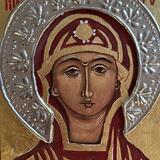 Theotokos, Acrylic, gold leaf and pewter on gesso birch plywood board, 2017 Houston