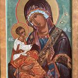 Theotokos Hodegetria, Egg tempera and gold leaf on 1 inch thick solid wood traditional icon board, Houston July 2025