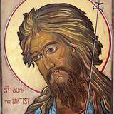 St John the Baptist, on 5x7 inch clayboard, halo in 24 K Gold, Painted in Hong Kong in January 2026