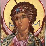 Archangel Gabriel, on 5'x7' clayboard, with 24 K gold halo, painted in Hong Kong in Dec 2025