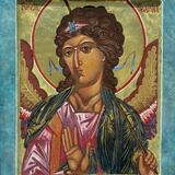 Archangel Gabriel on 1 inch thick 10 x 12 inch icon board,Halo is done in 24 K gold, Wings and garments are decorated with 24K gold assist.  Completed in Hong Kong in December 2025