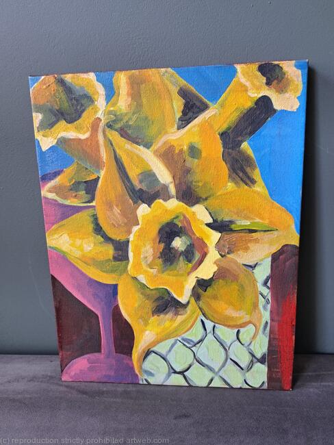 Daffodils and Pink wine Glass. (2021)