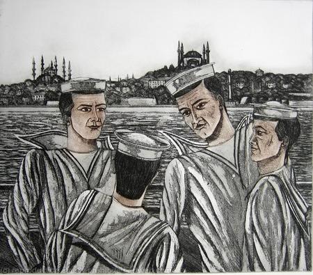 Sailors on a ferry on the Bosphorus, Istanbul