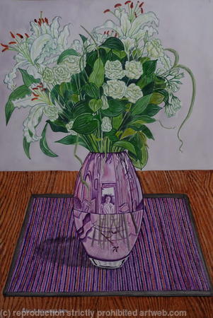 Lilies and Roses in a Purple Vase
