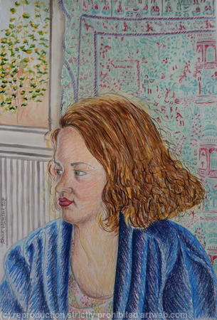 Evie in a Blue Cardigan with Indian Batik