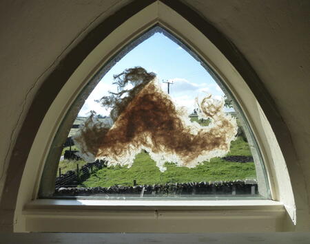 Paper cloud installed in window at Bowlees Visitor Centre, Upper Teesdale in 2014