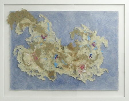 Paper cloud collaged with laser prints of ancient peat bog pollen grains photographed under a microscope at Northumbria University department of Geography 2014