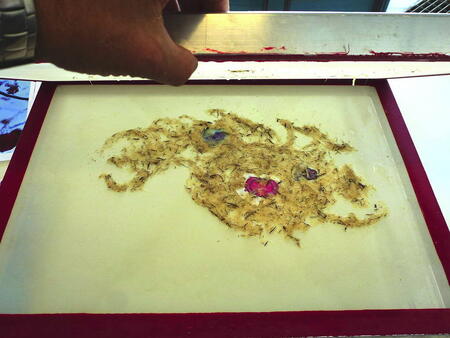 Freshly made paper cloud collage on paper making screen. Paper Studio Northumbria, Northumbria University.