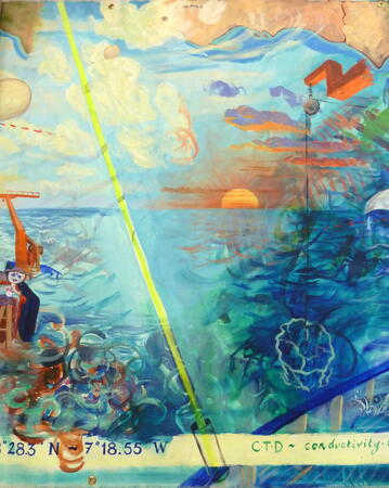 A sunset near the Canary Islands, a weather balloon, a lidar beam, the coast of North Africa and a crane hook lowering the CTD into the sea.