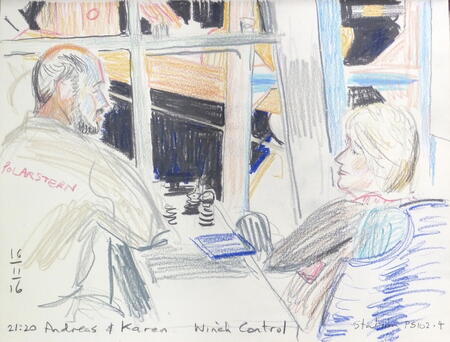 Winch operator and Chief Scientist chatting in the control room during a CTD deployment to the ocean bottom.