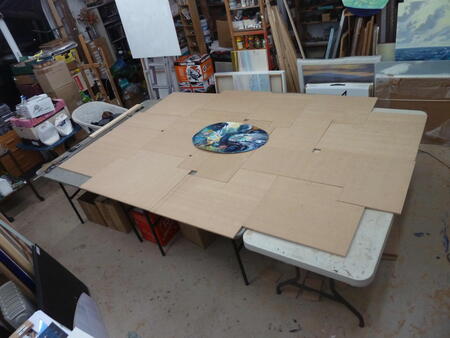 Stage 3 production- marking out an elipse on the 13 'jigsaw' pieces 