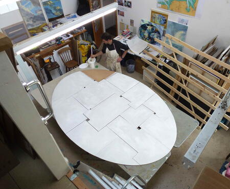 Stage3 production - priming both sides and edges of 13 'jigsaw' pieces.