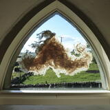 Paper cloud installed in window at Bowlees Visitor Centre, Upper Teesdale in 2014