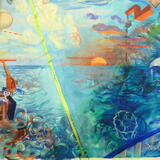 A sunset near the Canary Islands, a weather balloon, a lidar beam, the coast of North Africa and a crane hook lowering the CTD into the sea.